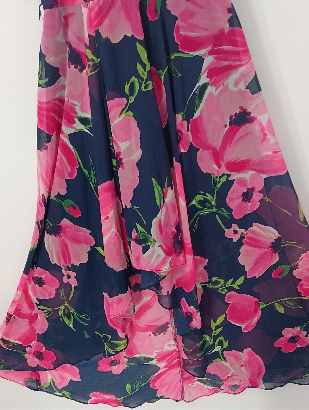 Eliza J Navy Halter Chiffon Maxi Dress w Pink Floral & Ruffle Drop Collar Size 8 - Picture 5 of 6